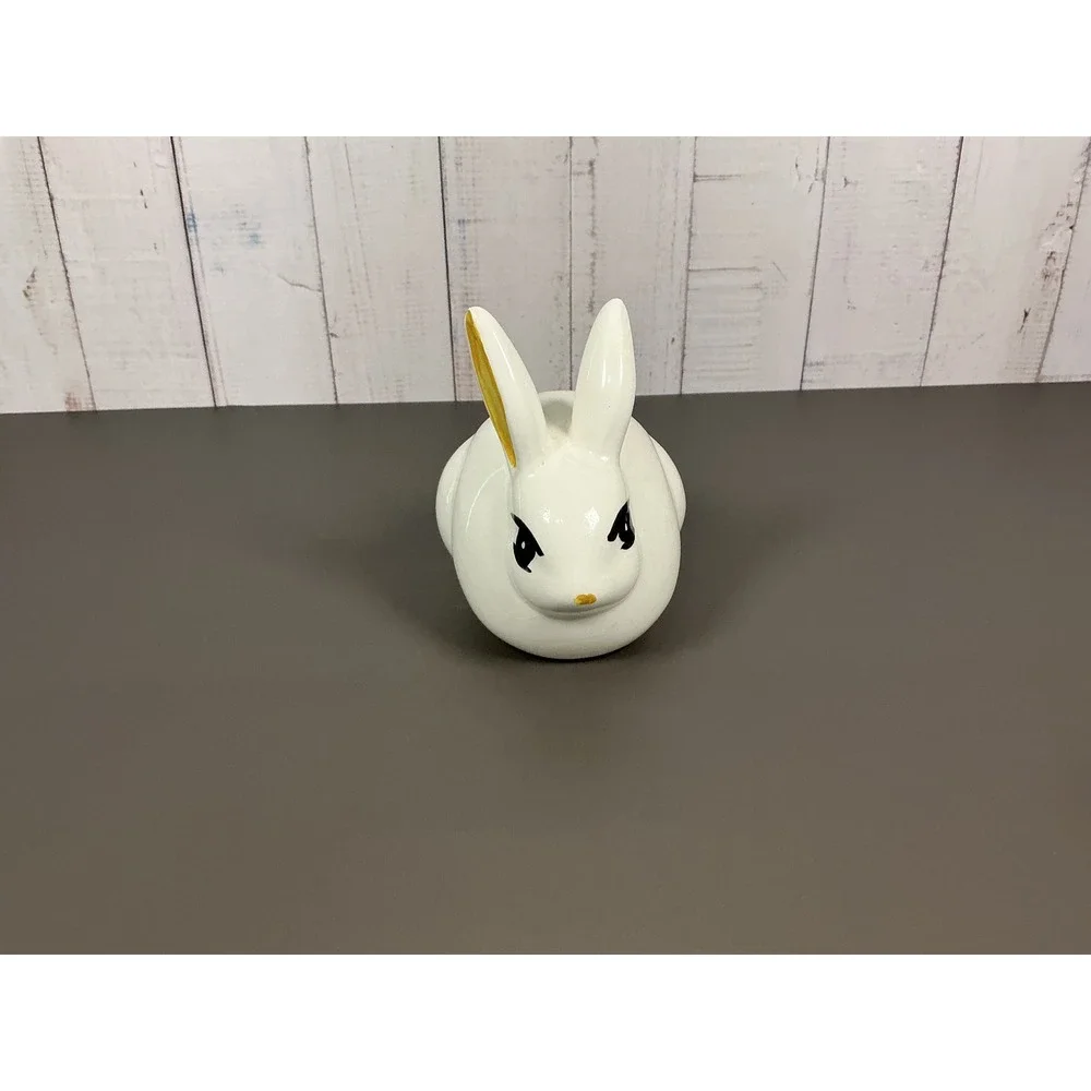 Vintage White Ceramic Bunny Rabbit Figurine Fluffy Tail Hand Painted Gold Ears